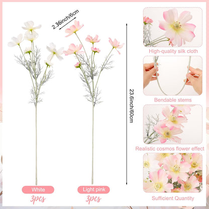 6 Pcs 23.6 Inch Pink White Artificial Flowers Cosmos for Vase