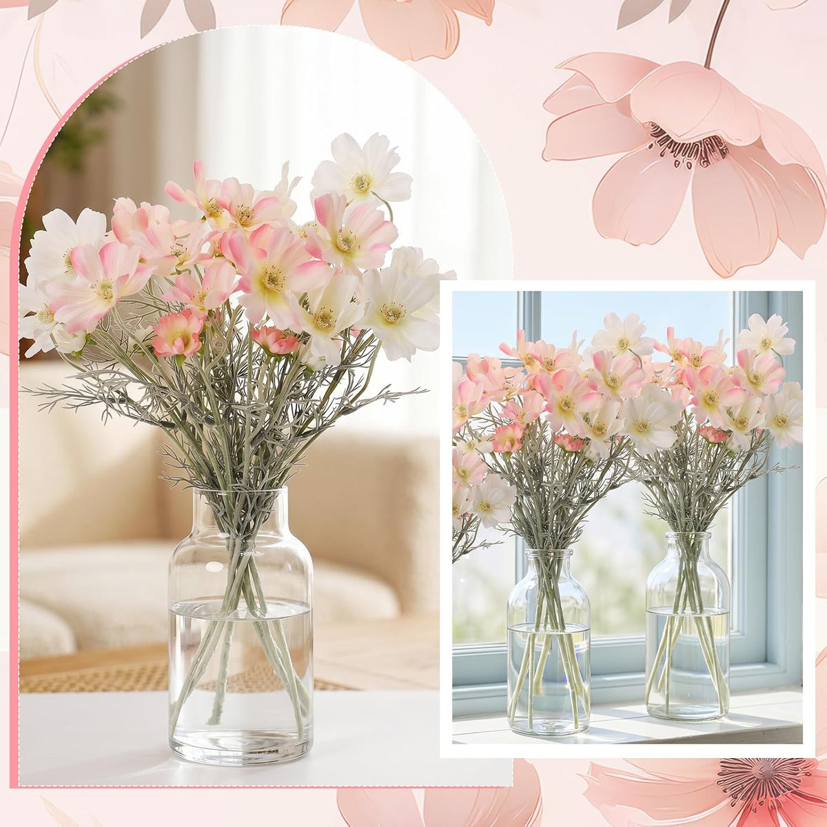6 Pcs 23.6 Inch Pink White Artificial Flowers Cosmos for Vase