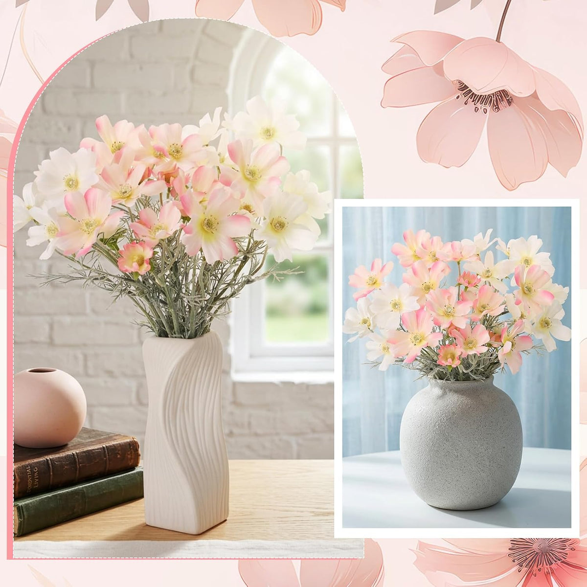 6 Pcs 23.6 Inch Pink White Artificial Flowers Cosmos for Vase