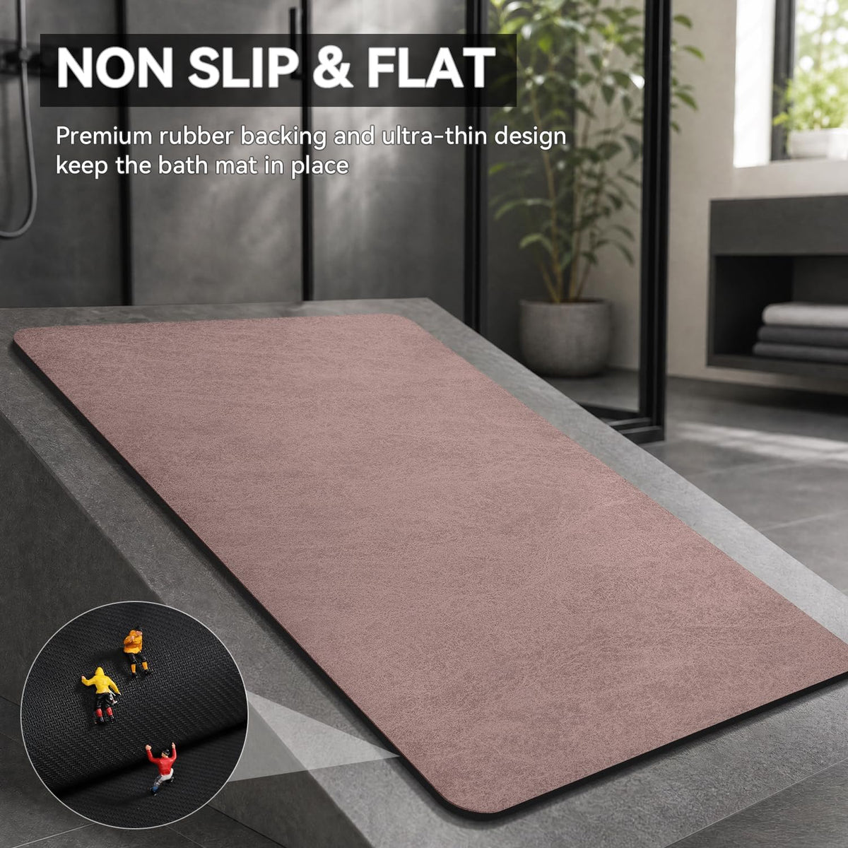 Bath Mat Rug-Rubber Backing Non Slip Quick Dry Absorbent Thin Bathroom Rugs Fit Under Door-Faux Suede Surface Bathroom Floor Mats-Shower Rug for in Front of Bathtub Shower Dusty Rose 17x27.5