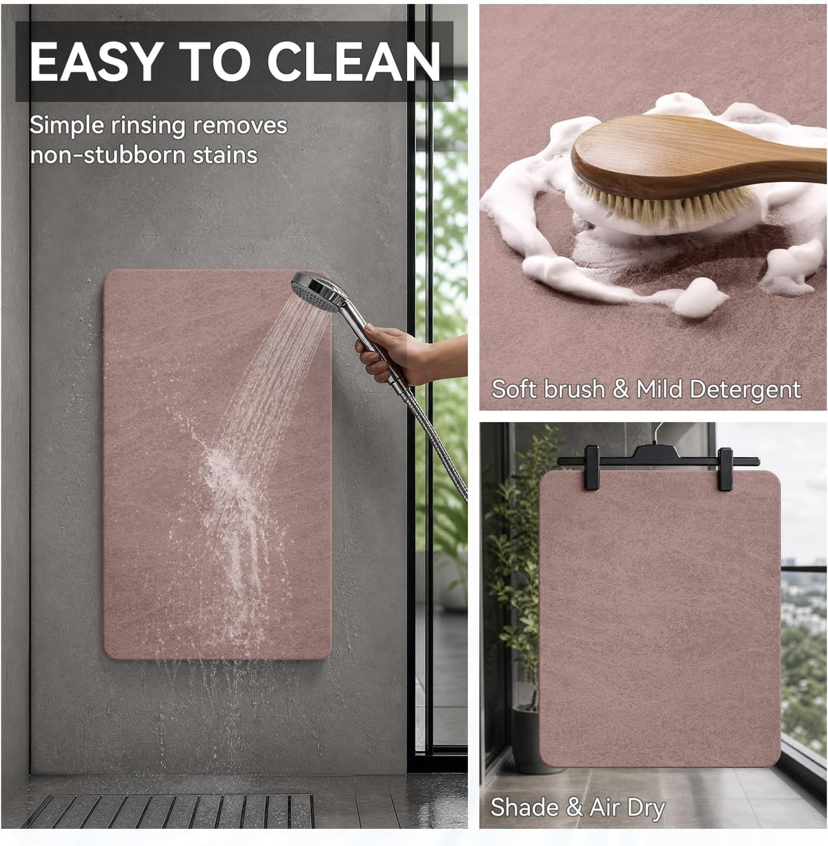 Bath Mat Rug-Rubber Backing Non Slip Quick Dry Absorbent Thin Bathroom Rugs Fit Under Door-Faux Suede Surface Bathroom Floor Mats-Shower Rug for in Front of Bathtub Shower Dusty Rose 17x27.5