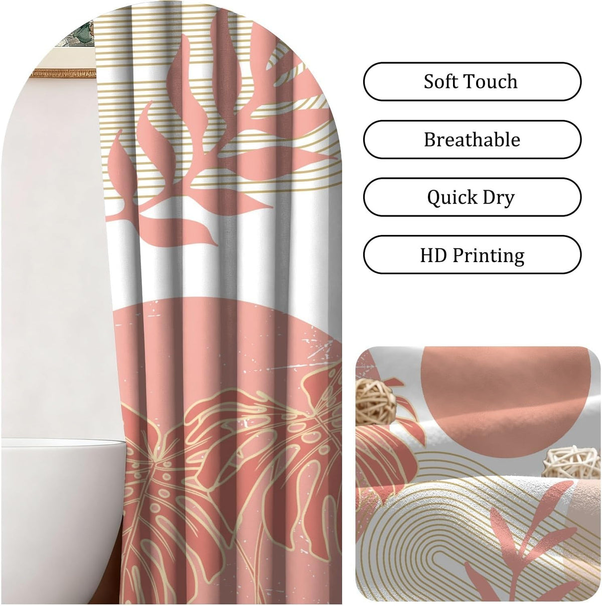 White and Peach Shower Curtain Mid Century Modern Coral Boho Shower Curtains for Girls Bathroom Decor Abstract Geometric Minimalist Waterproof Fabric Bath Curtain Set with Hooks,65x72inch