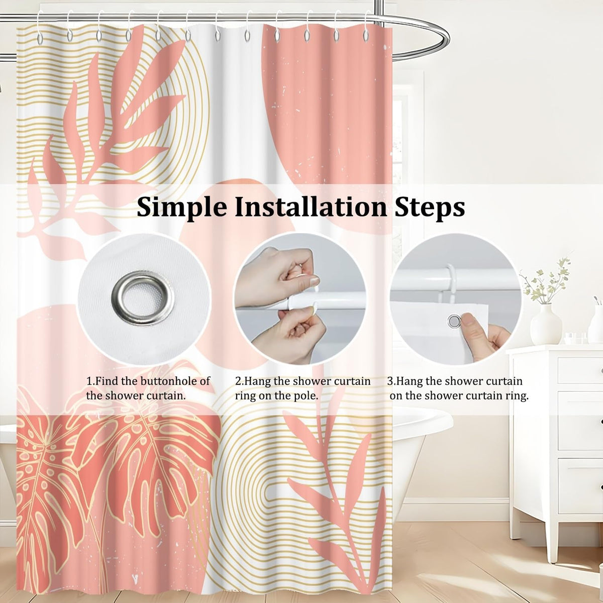 White and Peach Shower Curtain Mid Century Modern Coral Boho Shower Curtains for Girls Bathroom Decor Abstract Geometric Minimalist Waterproof Fabric Bath Curtain Set with Hooks,65x72inch