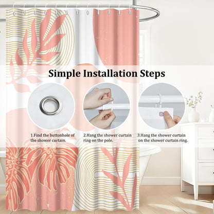 White and Peach Shower Curtain Mid Century Modern Coral Boho Shower Curtains for Girls Bathroom Decor Abstract Geometric Minimalist Waterproof Fabric Bath Curtain Set with Hooks,65x72inch