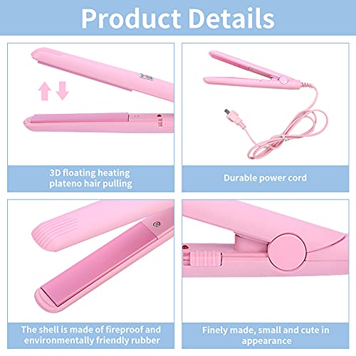 Mini Hair Straightener, 2 in 1 Mini Ceramic Tourmaline Flat Iron for Short Hair Pixie Cut Hair Touch Control, Anti-Frizz (4 Colors Optional)(Pink US)