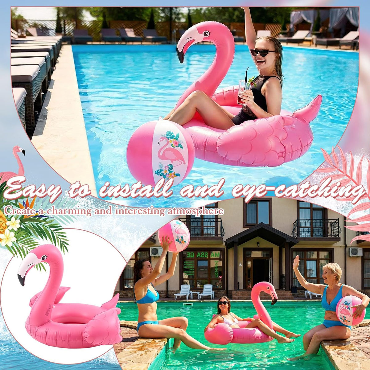 45'' Inflatable Flamingo Pool Float with 2 Beach Balls