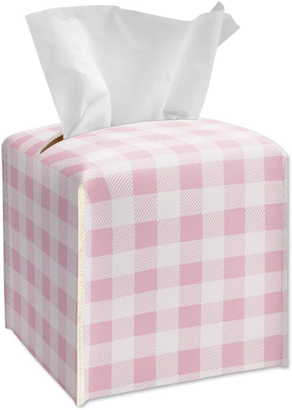 Pink and White Checkered Tissue Box Cover Square, Leather Tissue Box Holder with Bottom Belt, Cute Home Decoration for Bathroom Vanity Countertop, Nightstands, Dining Table, Office, Car -38