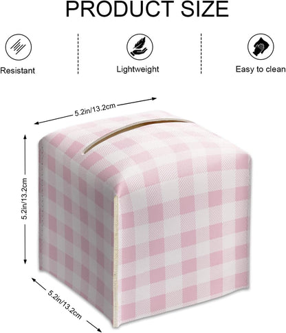 Pink and White Checkered Tissue Box Cover Square, Leather Tissue Box Holder with Bottom Belt, Cute Home Decoration for Bathroom Vanity Countertop, Nightstands, Dining Table, Office, Car -38