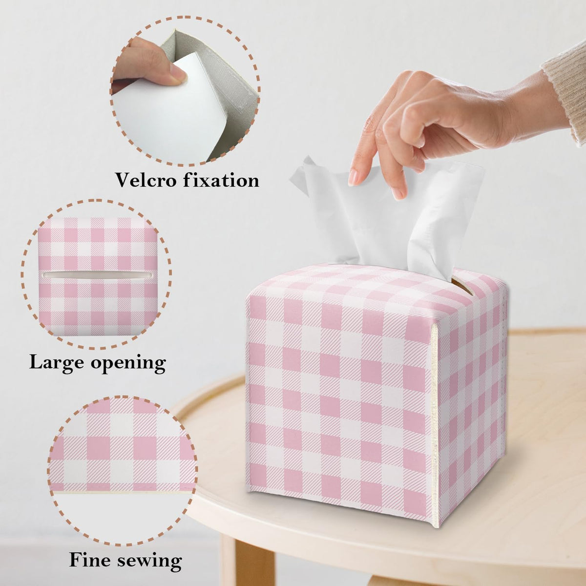 Pink and White Checkered Tissue Box Cover Square, Leather Tissue Box Holder with Bottom Belt, Cute Home Decoration for Bathroom Vanity Countertop, Nightstands, Dining Table, Office, Car -38