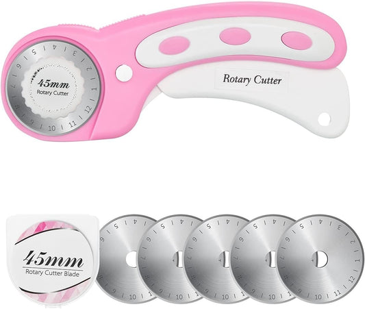 45mm Rotary Cutter with 5pcs Extra Blades, Ergonomic Handle Rolling Cutter with Safety Lock for Fabric, Leather, Crafting, Sewing, Quilting, Fabric Rotary Cutter Perfect for Left & Right Hand(Pink)