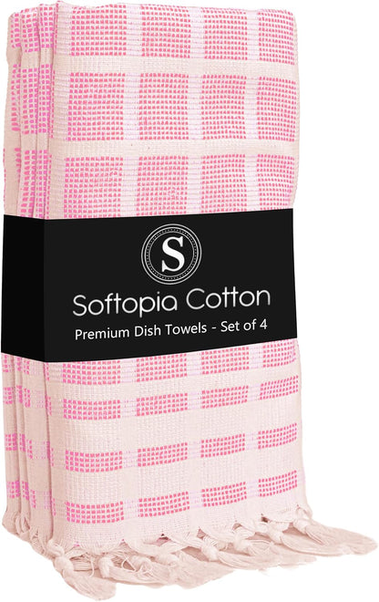 Matrix Dobby Kitchen Towels 4 Pack 100% Cotton, 16x26 Inches, Dish Towels with Knotted Tassels, Reusable and Washable Cloths for Cleaning, Drying Dishes - Rose Pink, Natural