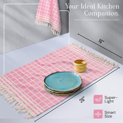 Matrix Dobby Kitchen Towels 4 Pack 100% Cotton, 16x26 Inches, Dish Towels with Knotted Tassels, Reusable and Washable Cloths for Cleaning, Drying Dishes - Rose Pink, Natural