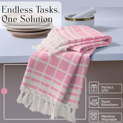 Matrix Dobby Kitchen Towels 4 Pack 100% Cotton, 16x26 Inches, Dish Towels with Knotted Tassels, Reusable and Washable Cloths for Cleaning, Drying Dishes - Rose Pink, Natural