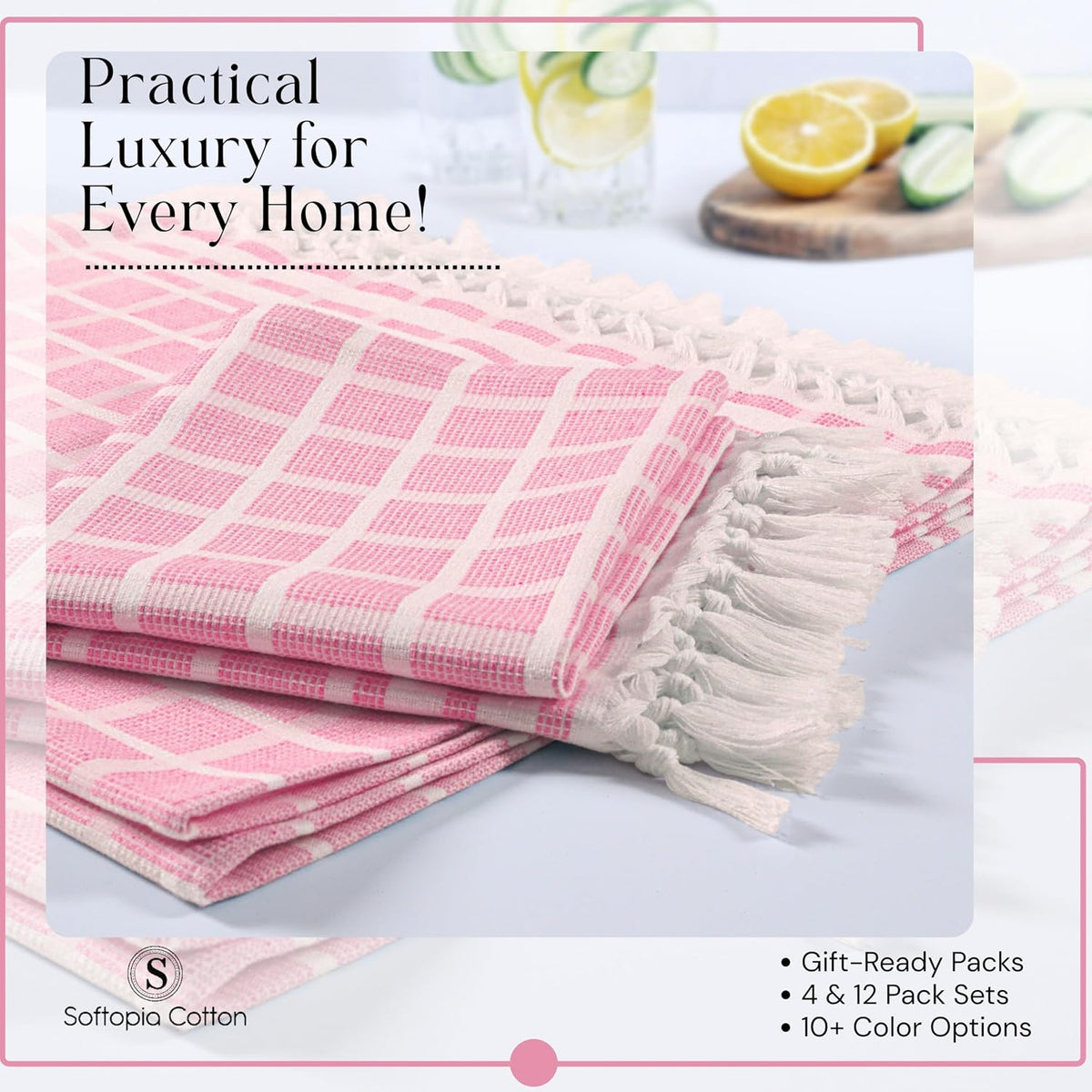 Matrix Dobby Kitchen Towels 4 Pack 100% Cotton, 16x26 Inches, Dish Towels with Knotted Tassels, Reusable and Washable Cloths for Cleaning, Drying Dishes - Rose Pink, Natural