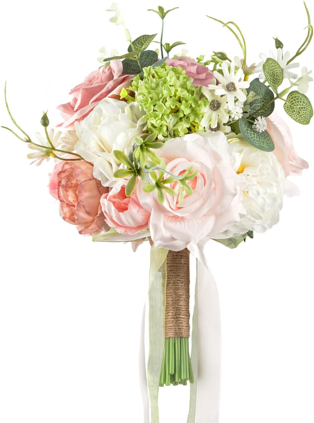 Blush Pink Wedding Bouquets for Bride Bridesmaid White Green Artificial Fake Silk Roses Flowers for Wedding Spring Boho Rustic Decoration Toss Bouquet Prom Ceremony Anniversary