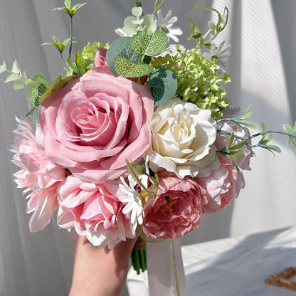 Blush Pink Wedding Bouquets for Bride Bridesmaid White Green Artificial Fake Silk Roses Flowers for Wedding Spring Boho Rustic Decoration Toss Bouquet Prom Ceremony Anniversary