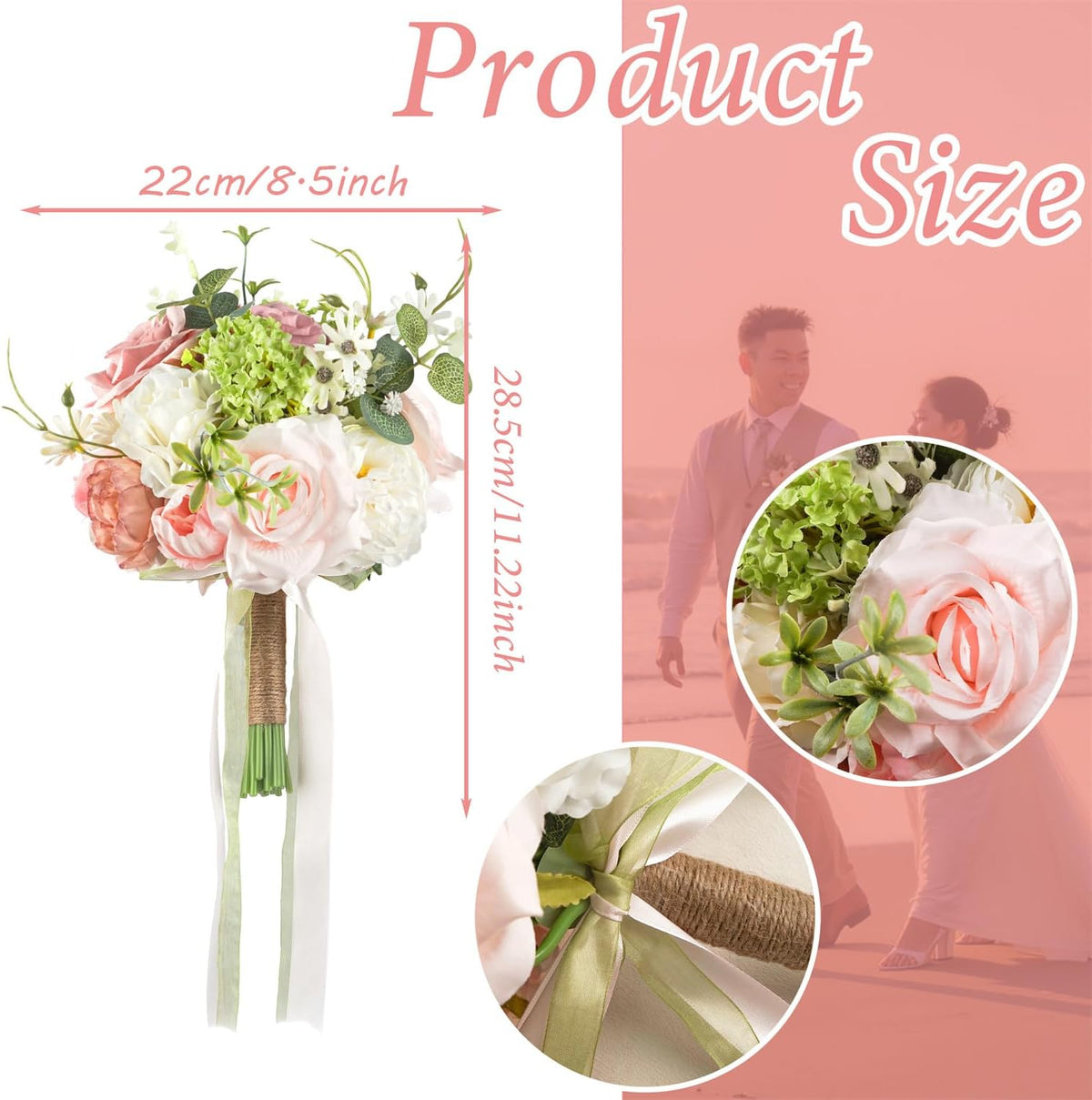 Blush Pink Wedding Bouquets for Bride Bridesmaid White Green Artificial Fake Silk Roses Flowers for Wedding Spring Boho Rustic Decoration Toss Bouquet Prom Ceremony Anniversary