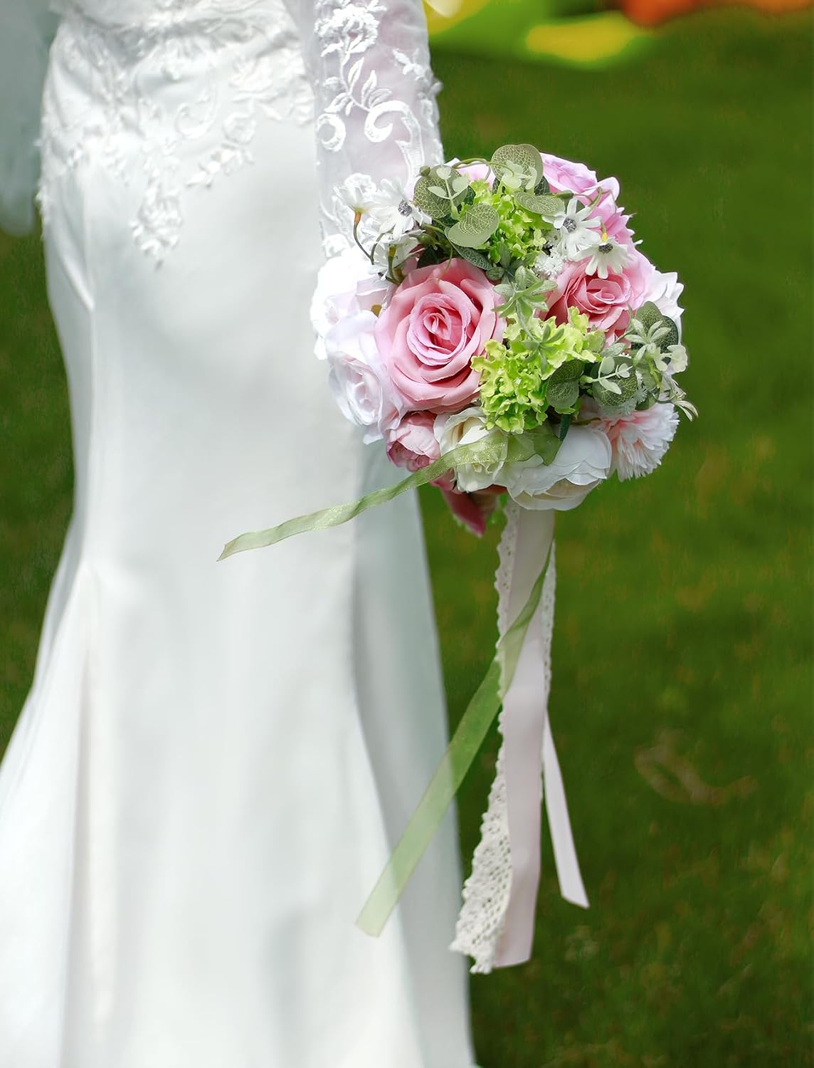 Blush Pink Wedding Bouquets for Bride Bridesmaid White Green Artificial Fake Silk Roses Flowers for Wedding Spring Boho Rustic Decoration Toss Bouquet Prom Ceremony Anniversary