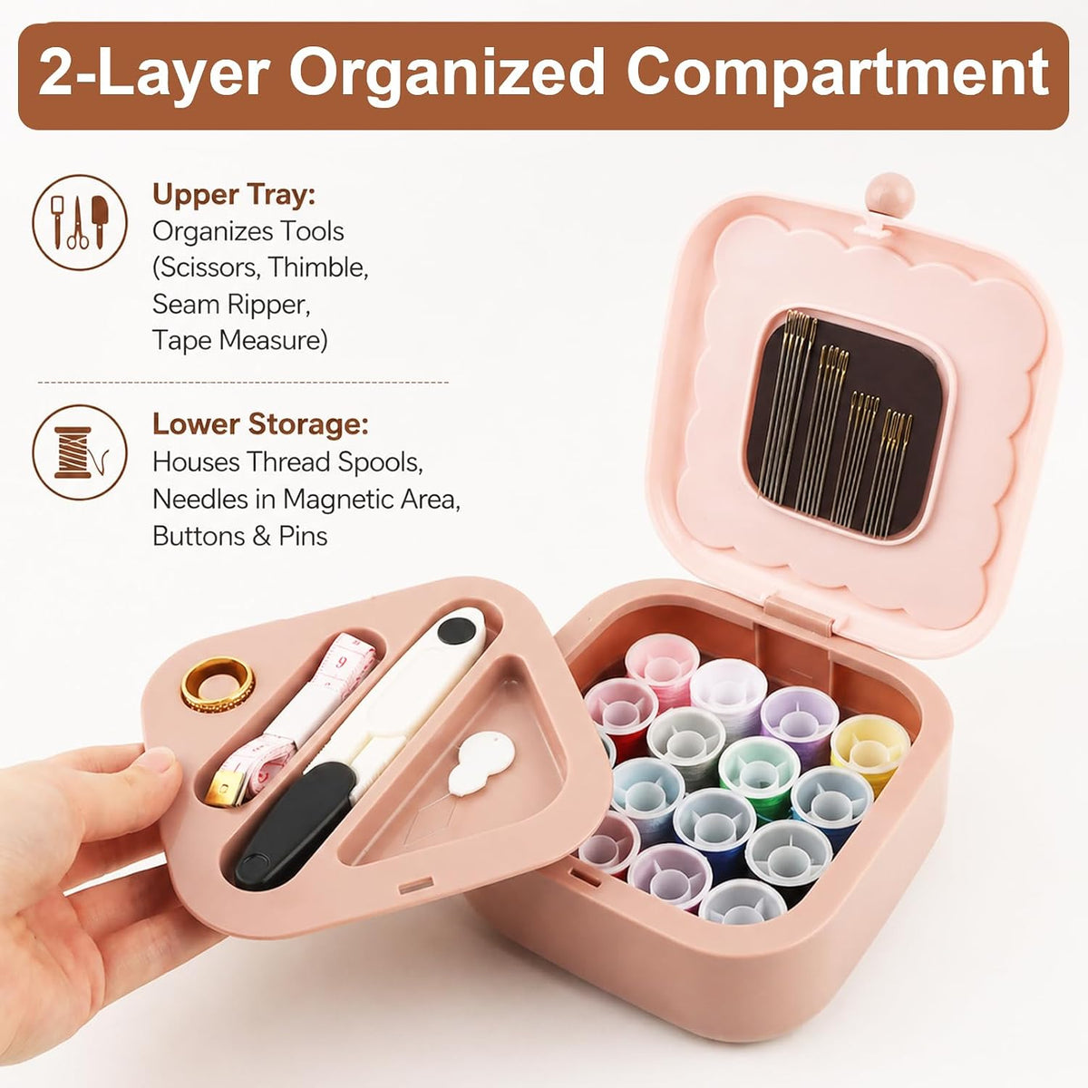 41 PCS Portable Small Sewing Kit Box, Mini Sewing Box with Sewing Supplies, Double Layer Organizer Magnetic Needle and Thread Kits Holder for Dorm, Home, Office & Travel RV