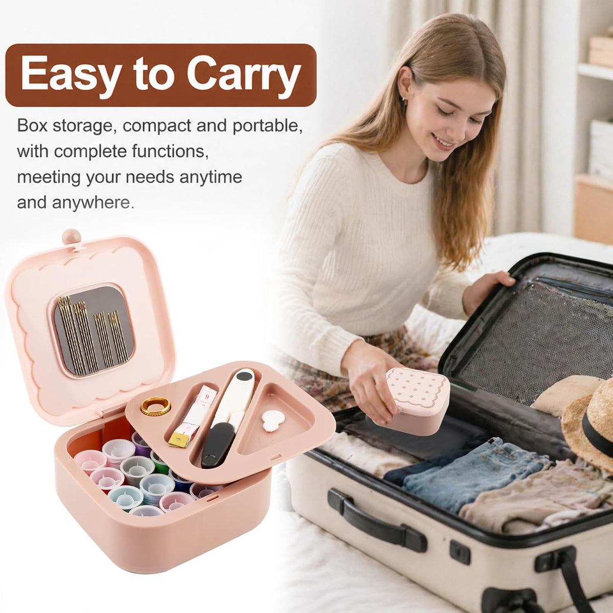 41 PCS Portable Small Sewing Kit Box, Mini Sewing Box with Sewing Supplies, Double Layer Organizer Magnetic Needle and Thread Kits Holder for Dorm, Home, Office & Travel RV