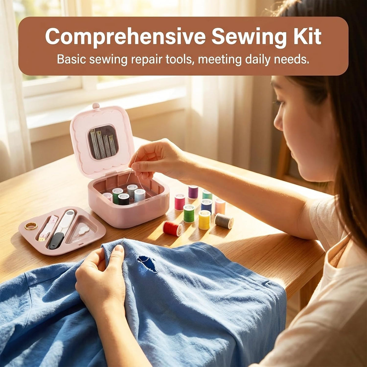 41 PCS Portable Small Sewing Kit Box, Mini Sewing Box with Sewing Supplies, Double Layer Organizer Magnetic Needle and Thread Kits Holder for Dorm, Home, Office & Travel RV
