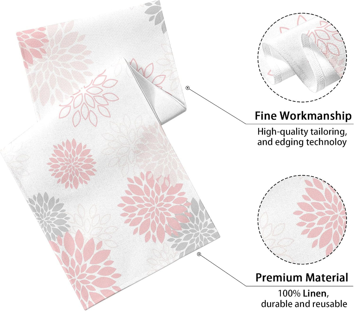 Dahlia Flower Table Runner 13x36 Inch Farmhouse Pink Gray Runners Modern Table Decorations Rustic Geometric Coffee Table Runner for Home Kitchen Dining Room Party (13"x36", Dahlia Floral-Pink)