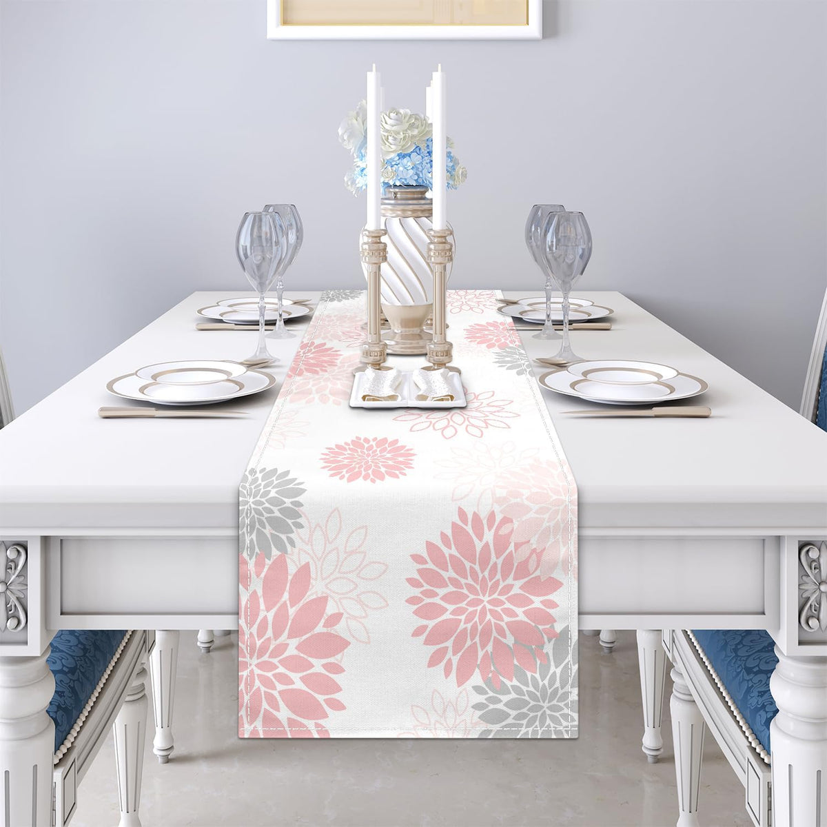 Dahlia Flower Table Runner 13x36 Inch Farmhouse Pink Gray Runners Modern Table Decorations Rustic Geometric Coffee Table Runner for Home Kitchen Dining Room Party (13"x36", Dahlia Floral-Pink)