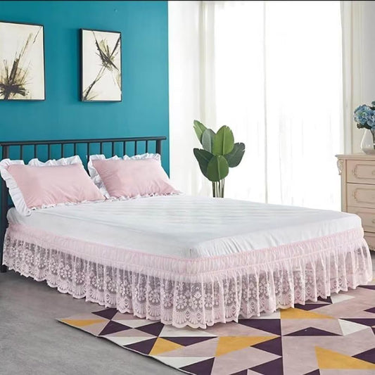 Lace Trimmed Elastic Bed Wrap, Easy Fit Dust Ruffle Bedskirt, White (Pink, Queen)