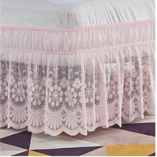 Lace Trimmed Elastic Bed Wrap, Easy Fit Dust Ruffle Bedskirt, White (Pink, Queen)
