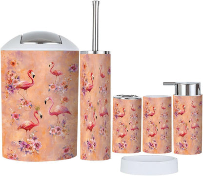 Pink Coastal Bathroom Accessories Set 6 piece Mermaid Flamingo Inspirational Pink Flower Flamingo Golden Plastic shatterproof Vanity Organization countertop Decor for Home, Apartment, Dorm