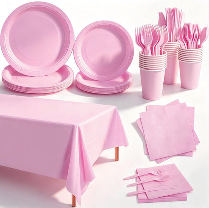 Pink Party Supplies for 24 Guests, 169 PCS Light Pink Disposable Tableware Set, 7 Inch & 9 Inch Paper Plates, 9 oz Cups, 13 x 13 Inch Napkins, Plastic Cutlery and 54 x 108 Inch Tablecloth