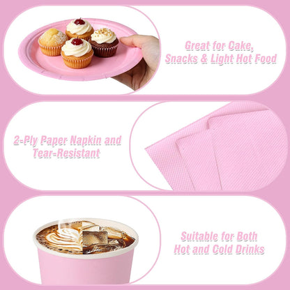 Pink Party Supplies for 24 Guests, 169 PCS Light Pink Disposable Tableware Set, 7 Inch & 9 Inch Paper Plates, 9 oz Cups, 13 x 13 Inch Napkins, Plastic Cutlery and 54 x 108 Inch Tablecloth