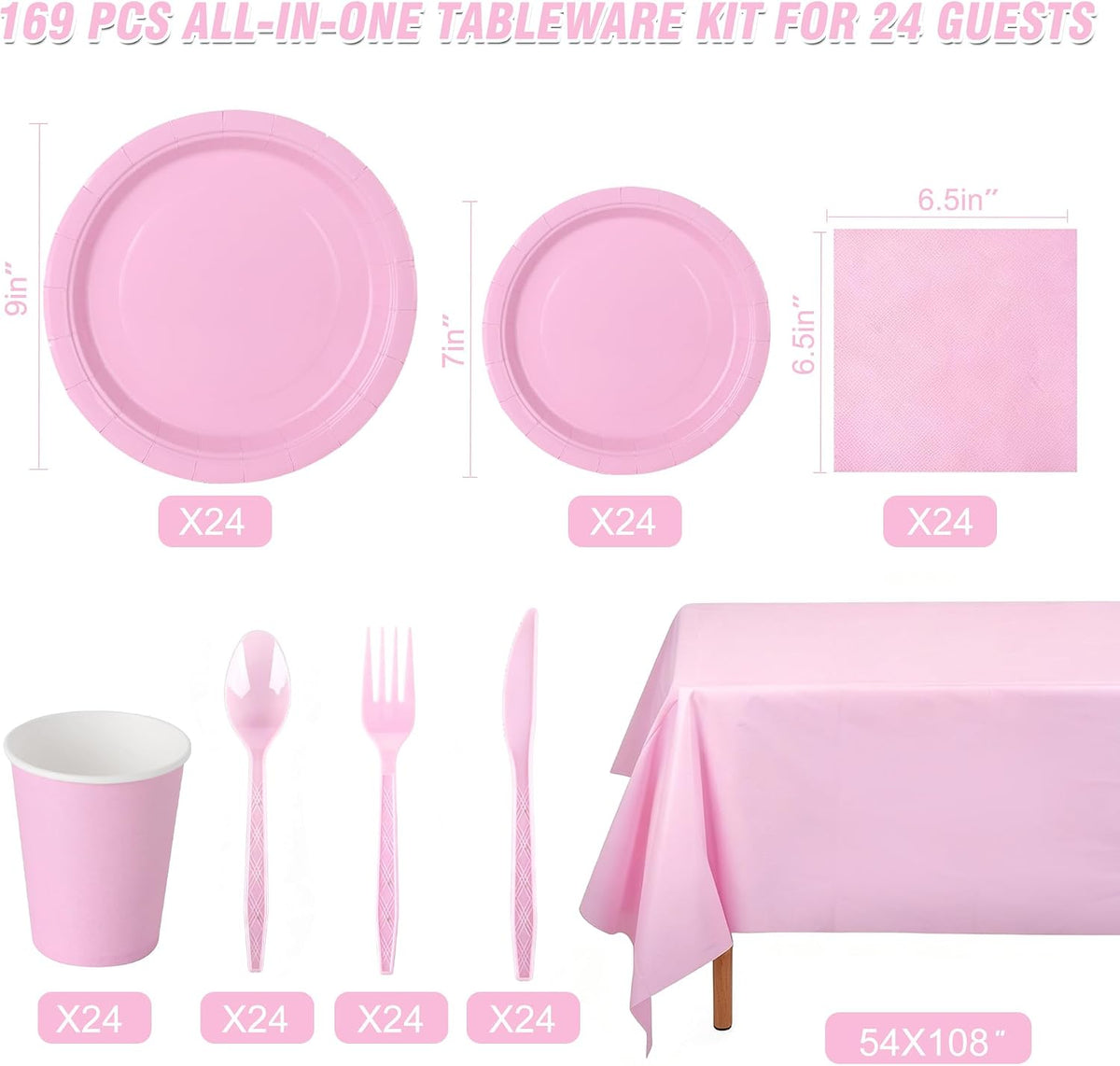 Pink Party Supplies for 24 Guests, 169 PCS Light Pink Disposable Tableware Set, 7 Inch & 9 Inch Paper Plates, 9 oz Cups, 13 x 13 Inch Napkins, Plastic Cutlery and 54 x 108 Inch Tablecloth