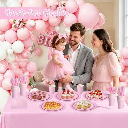 Pink Party Supplies for 24 Guests, 169 PCS Light Pink Disposable Tableware Set, 7 Inch & 9 Inch Paper Plates, 9 oz Cups, 13 x 13 Inch Napkins, Plastic Cutlery and 54 x 108 Inch Tablecloth