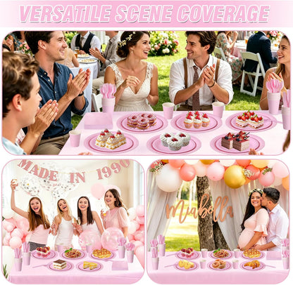 Pink Party Supplies for 24 Guests, 169 PCS Light Pink Disposable Tableware Set, 7 Inch & 9 Inch Paper Plates, 9 oz Cups, 13 x 13 Inch Napkins, Plastic Cutlery and 54 x 108 Inch Tablecloth