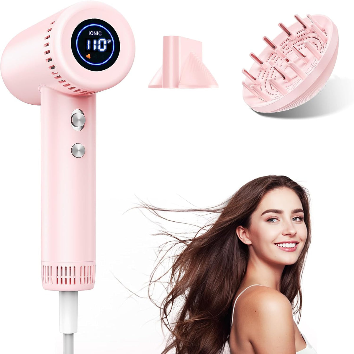 Hair Dryer - 160,000 RPM Ionic Blow Dryer - High Speed Fast Drying Professional Hairdryer for Smooth, 9 Temps Set for Women, 500 Million Negative Ions, Lightweight 0.8lb for Travel, Auto Clean
