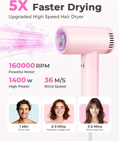 Hair Dryer - 160,000 RPM Ionic Blow Dryer - High Speed Fast Drying Professional Hairdryer for Smooth, 9 Temps Set for Women, 500 Million Negative Ions, Lightweight 0.8lb for Travel, Auto Clean