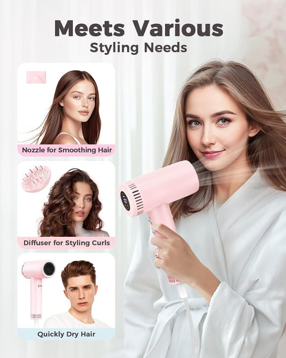 Hair Dryer - 160,000 RPM Ionic Blow Dryer - High Speed Fast Drying Professional Hairdryer for Smooth, 9 Temps Set for Women, 500 Million Negative Ions, Lightweight 0.8lb for Travel, Auto Clean