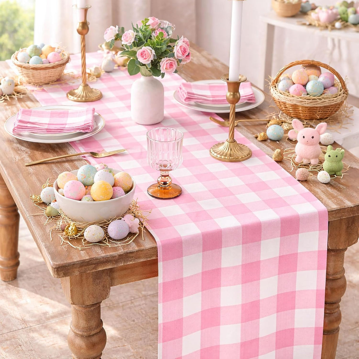 Pink Plaid Table Runner Checkered Fabric Cover 13x108 Inch 2 Packs