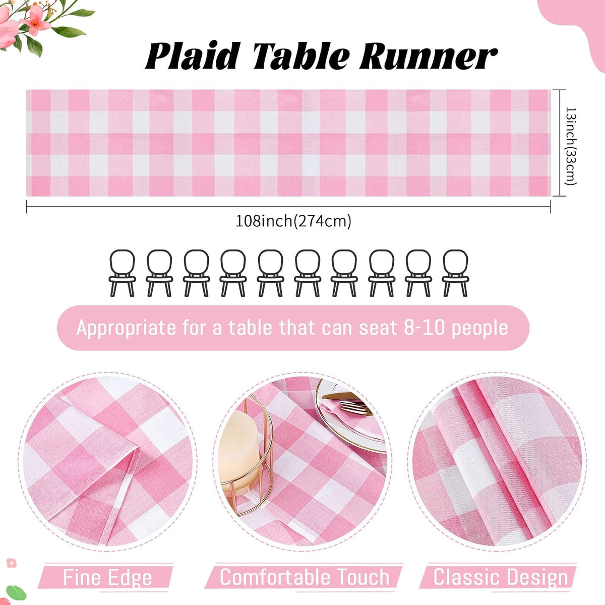 Pink Plaid Table Runner Checkered Fabric Cover 13x108 Inch 2 Packs