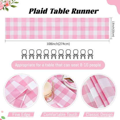 Pink Plaid Table Runner Checkered Fabric Cover 13x108 Inch 2 Packs