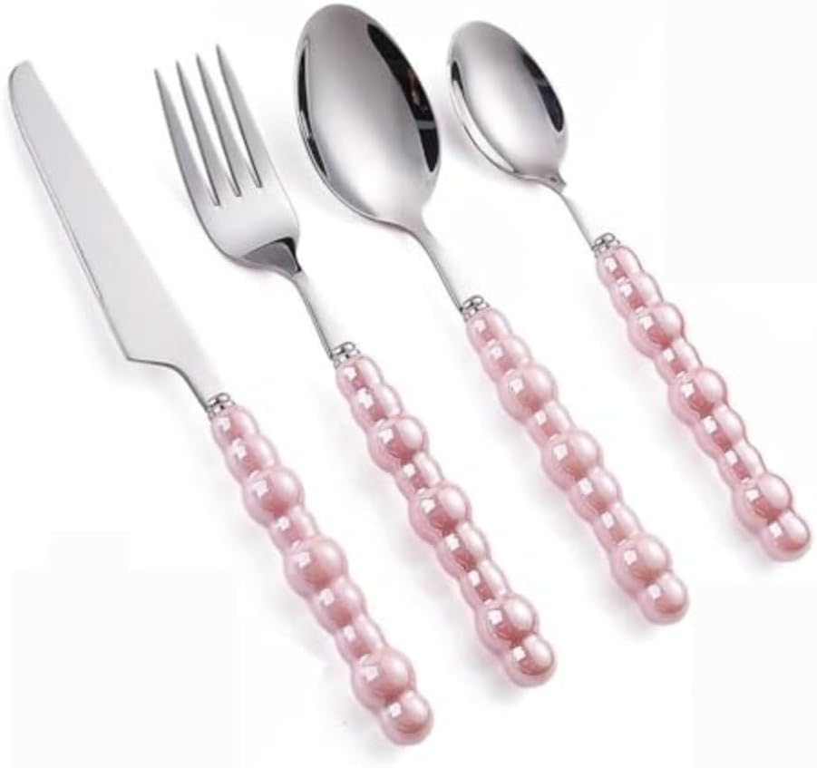 Pearl Ceramic Handle Kitchen Stainless Steel Silverware Tableware Flatware Cutlery Set Creative Hotel Home Steak Knife Dessert Spoon (Pink,4 pieces)