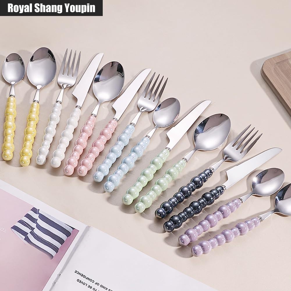 Pearl Ceramic Handle Kitchen Stainless Steel Silverware Tableware Flatware Cutlery Set Creative Hotel Home Steak Knife Dessert Spoon (Pink,4 pieces)