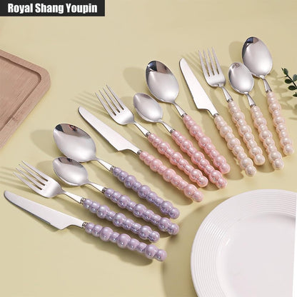 Pearl Ceramic Handle Kitchen Stainless Steel Silverware Tableware Flatware Cutlery Set Creative Hotel Home Steak Knife Dessert Spoon (Pink,4 pieces)