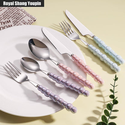 Pearl Ceramic Handle Kitchen Stainless Steel Silverware Tableware Flatware Cutlery Set Creative Hotel Home Steak Knife Dessert Spoon (Pink,4 pieces)