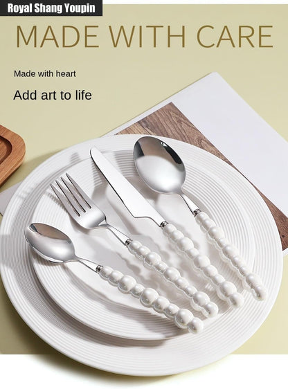 Pearl Ceramic Handle Kitchen Stainless Steel Silverware Tableware Flatware Cutlery Set Creative Hotel Home Steak Knife Dessert Spoon (Pink,4 pieces)