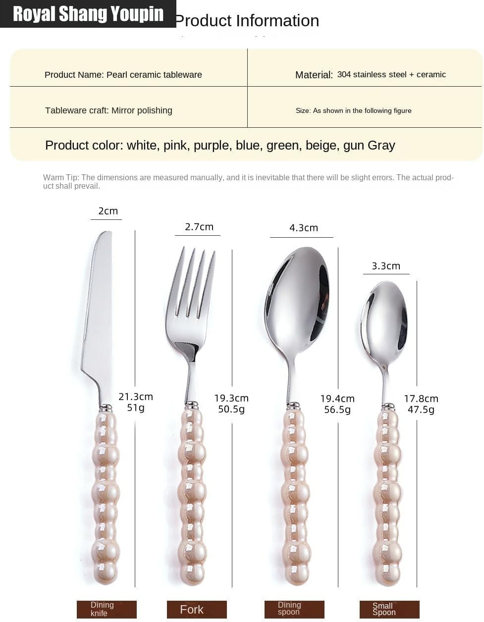 Pearl Ceramic Handle Kitchen Stainless Steel Silverware Tableware Flatware Cutlery Set Creative Hotel Home Steak Knife Dessert Spoon (Pink,4 pieces)