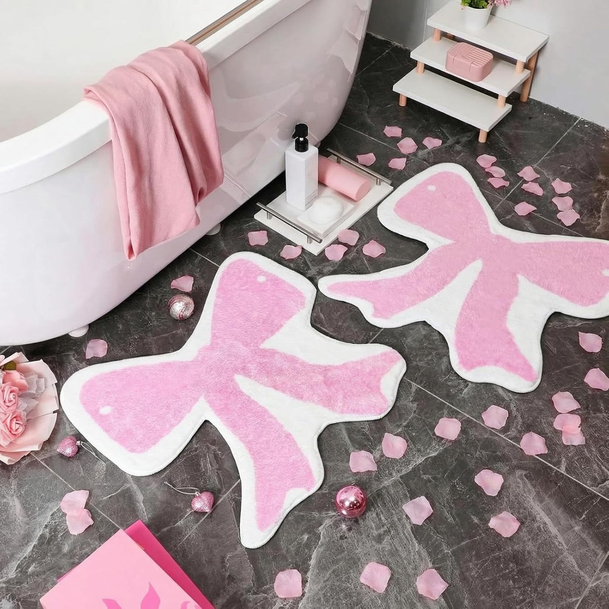 2 Pcs Pink Bow Bath Rugs 24x24 Inch Non Slip Absorbent Mats