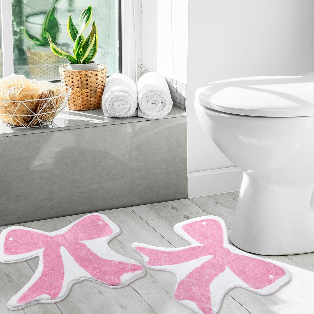 2 Pcs Pink Bow Bath Rugs 24x24 Inch Non Slip Absorbent Mats