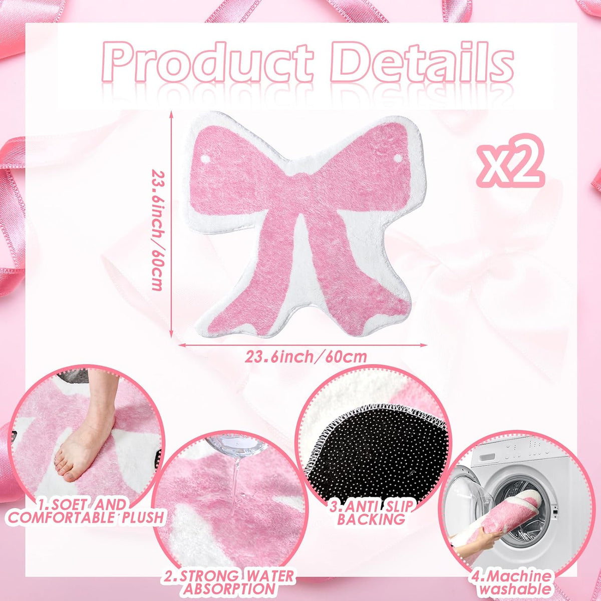 2 Pcs Pink Bow Bath Rugs 24x24 Inch Non Slip Absorbent Mats